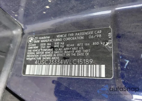 1998 BMW Z3 2.8 z USA, uszkodzony, nr VIN 4USCJ3334WLC15189